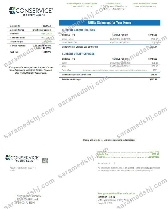 USA FLORID A CONSERVICE utility bill Word and PDF template